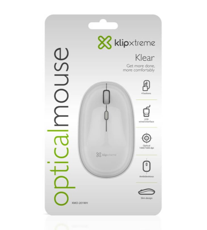 MOUSE ALAMBRICO USB KLIP XTREME 1600DPI COLOR BLANCO KMO-201WH