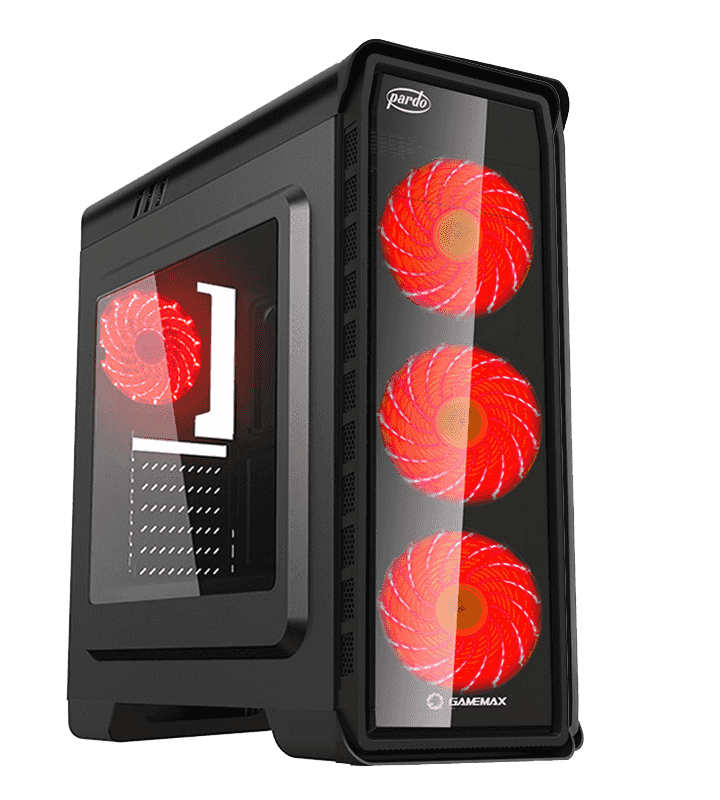 GABINETE GAMER GAMEMAX PARDO BLACK ATX, MATX 3 FANS ROJO 120mm MOLEX